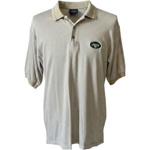 VINTGAE 1998 NFL Active New York Jets Polo Shirt Mens Medium Tan White Striped